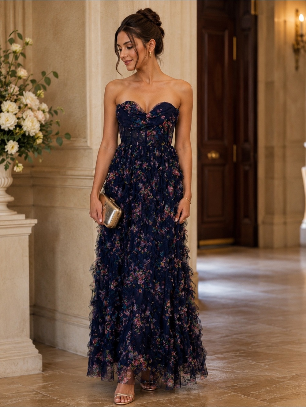 NEW | Lulu's | Navy Strapless Floral Ruffle Maxi Dress - Size XXL